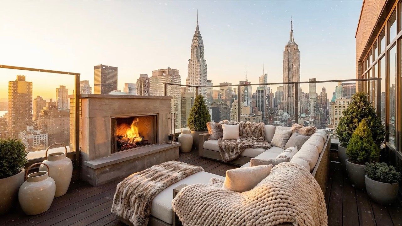 Peaceful New York City Morning Winter Balcony Ambience 😌🌅❄️ (Fireplace Sound)