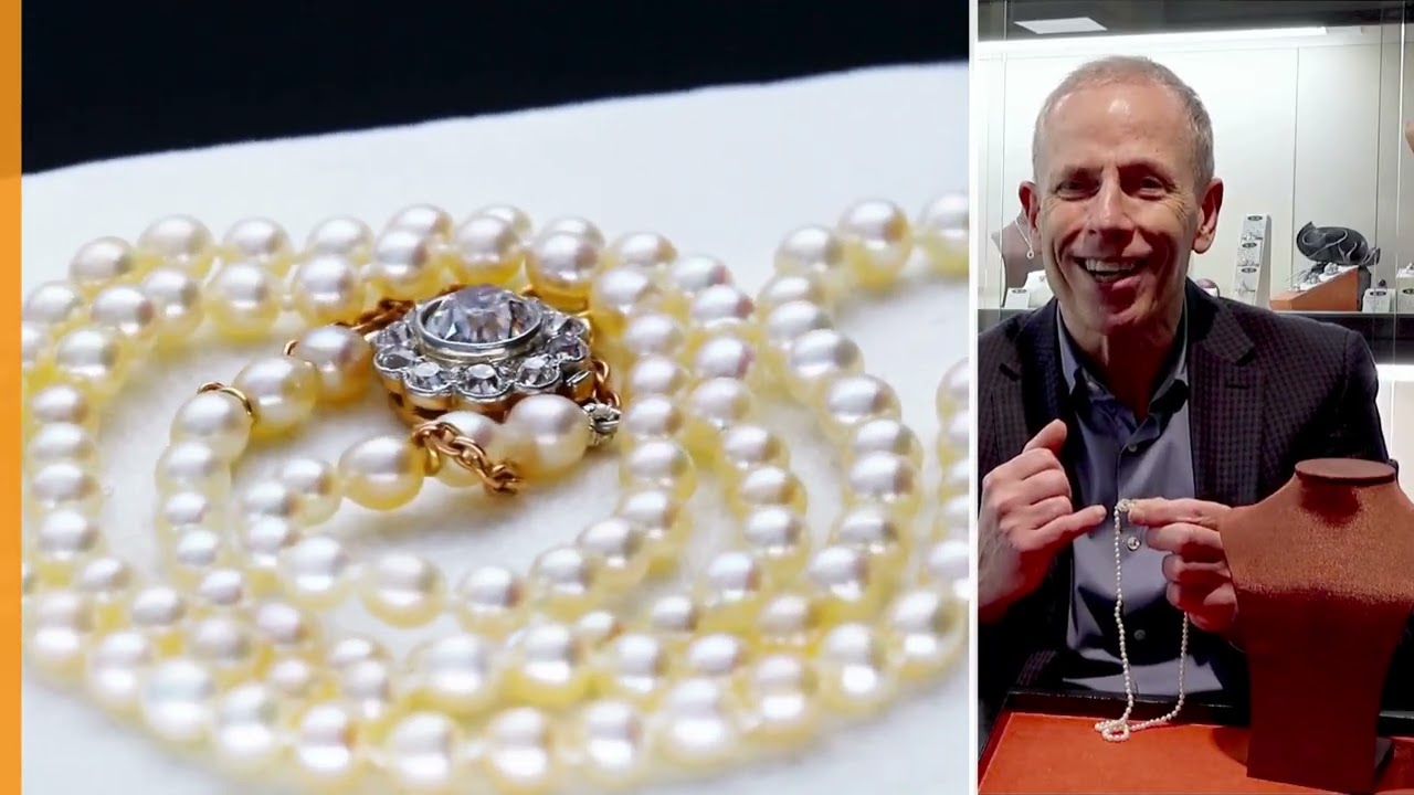 Natural Saltwater Pearl Necklace with 1.48ct Diamond and 15ct Yellow Gold Clasp - Antique Circa 1905
