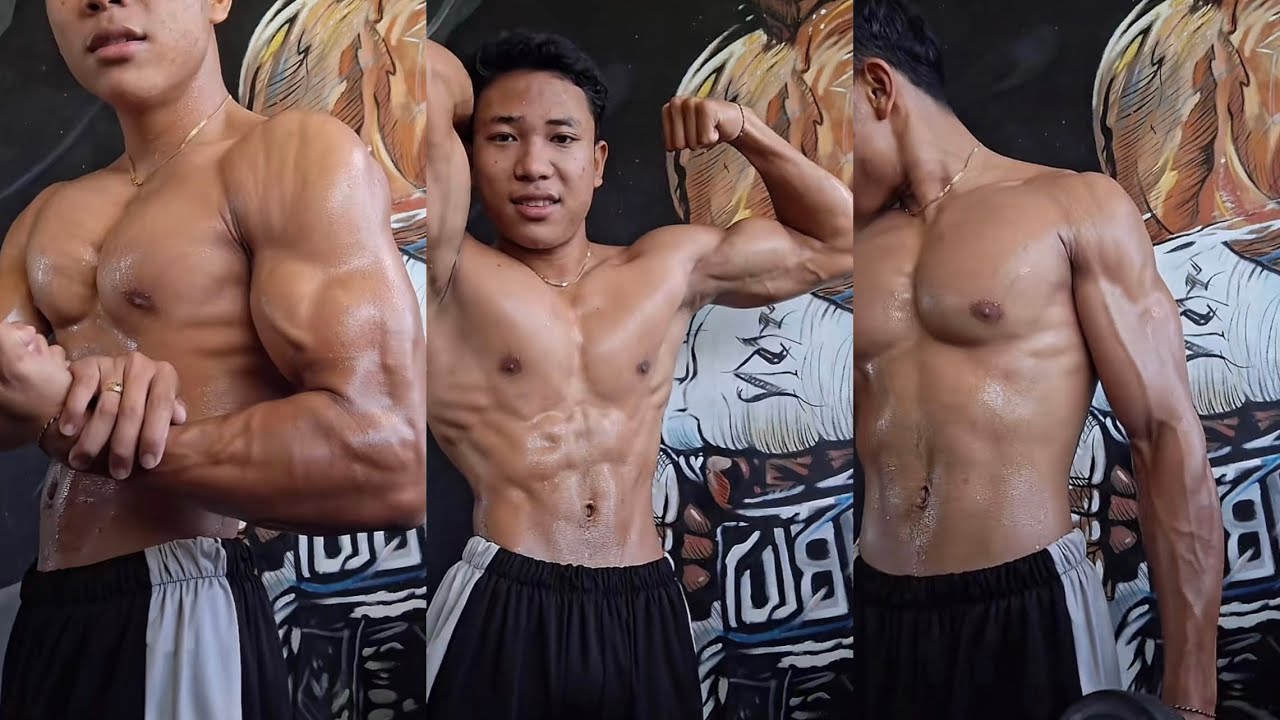 Binaraga latihan gym buka baju otot jelas berkeringat