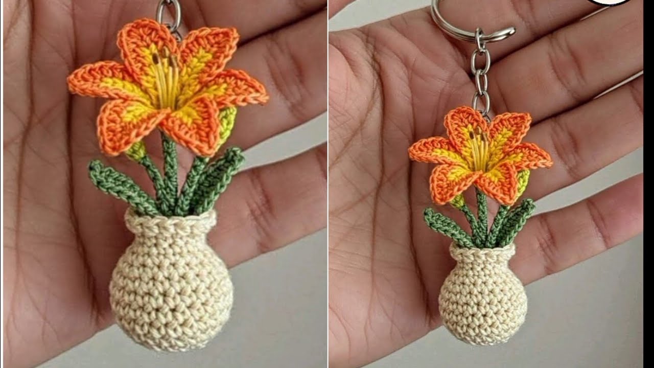 crochet keychain flowers 🌹 with Vase for biginners crochet idieas very easy @SevenStar-l8s 