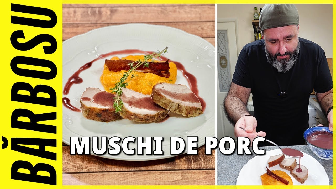 MUSCHI DE PORC CU SOS DE VIN ROSU SI PIURE DE CARTOFI DULCI