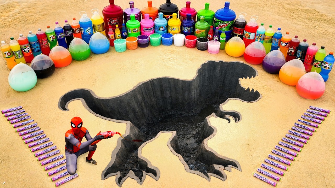 How to make Giant T-Rex Pit with Cement, Balloons of Fanta, 7up, Pepsi, Mtn Dew, Coca Cola vs Mentos