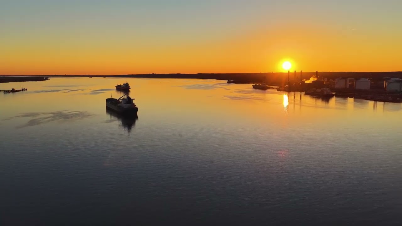 Aerial Sunset Flight - Delaware River - Marcus Hook, PA #sunset  #drone  #marcushookpa, #mavic4pro