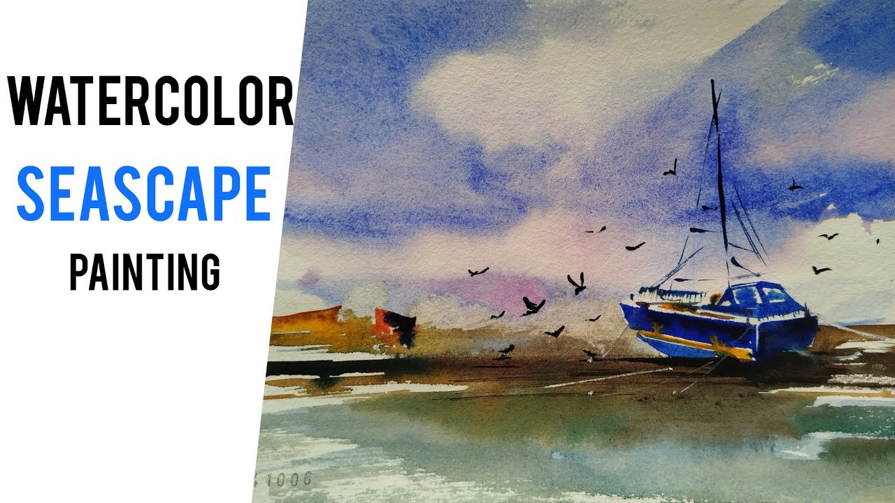 Watercolor Seascape Painting – Boat by the Shore 