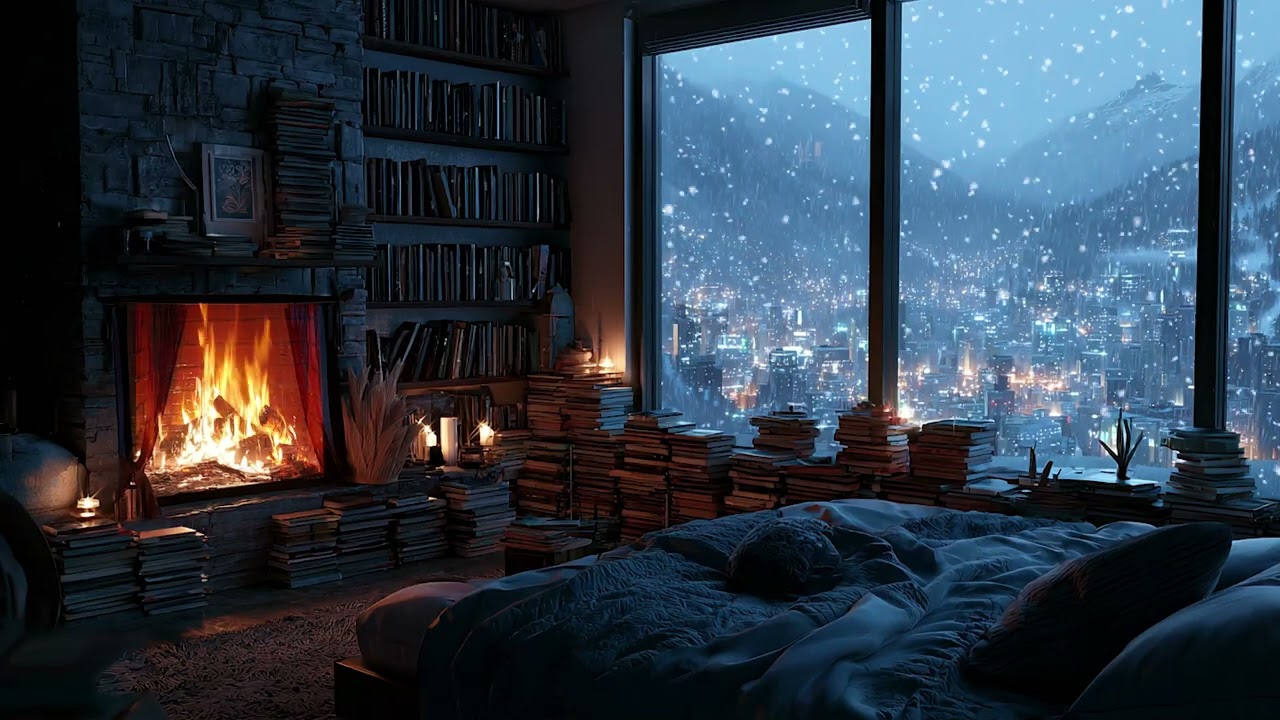 Serene Winter Cabin Night | Soothing Fireplace Crackles and Light Snowfall for Sleep 😴