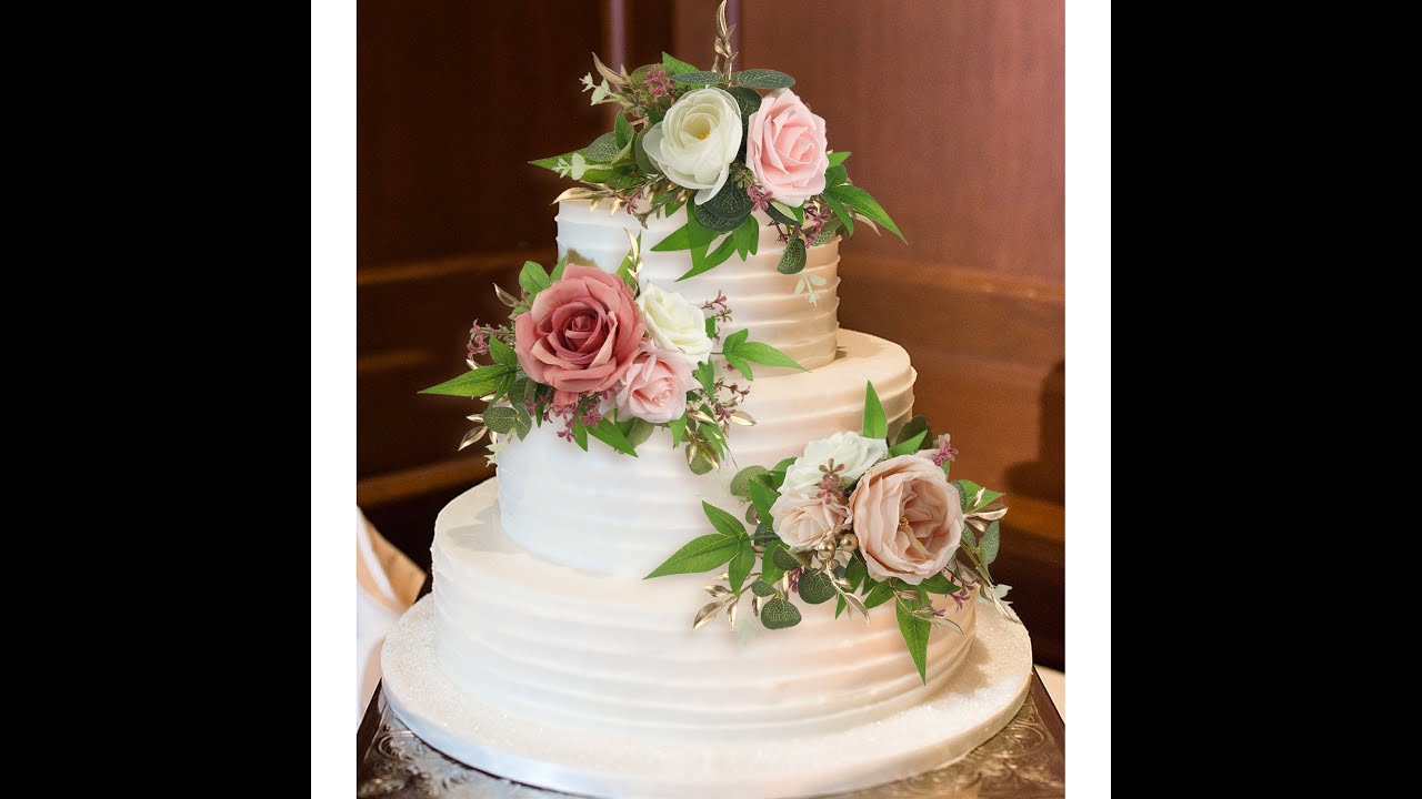 Rinlong 3Pcs Rose Pink and Cream Cake Topper Flowers Set Wedding Cake Topper