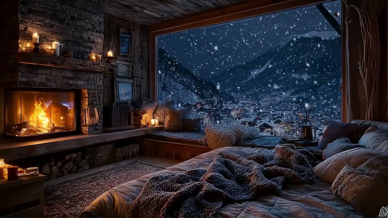 (No Ads) Cold Winter Wind Beyond the Cabin, Fireplace Calm | Night Ambience