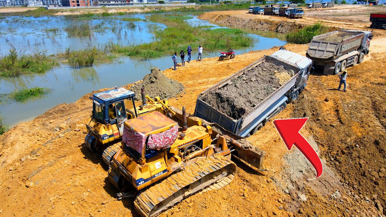 Entire Project !! Incredible KOMATSU Bulldozer Pushed & Cover Truck Fail Loading and Spreading Soil