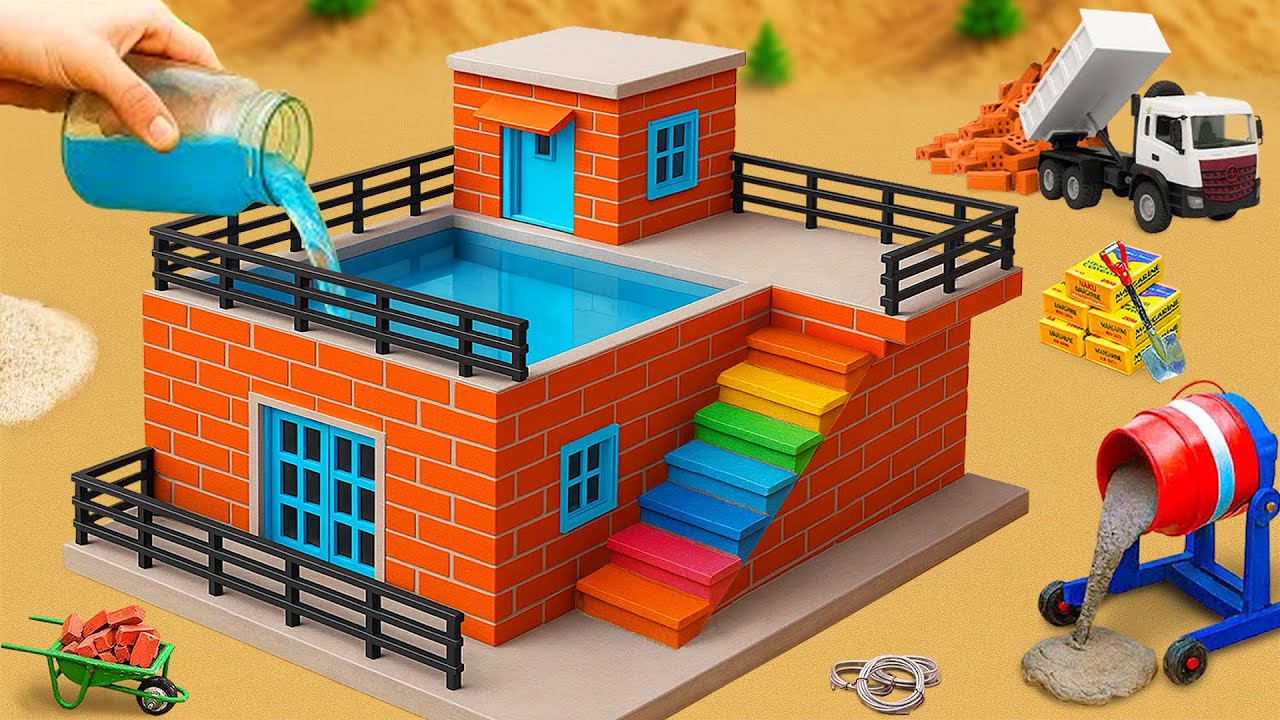 Building Colorful Mini Tractor House - Brick Walls & Rooftop Pool | DIY Construction Science Project