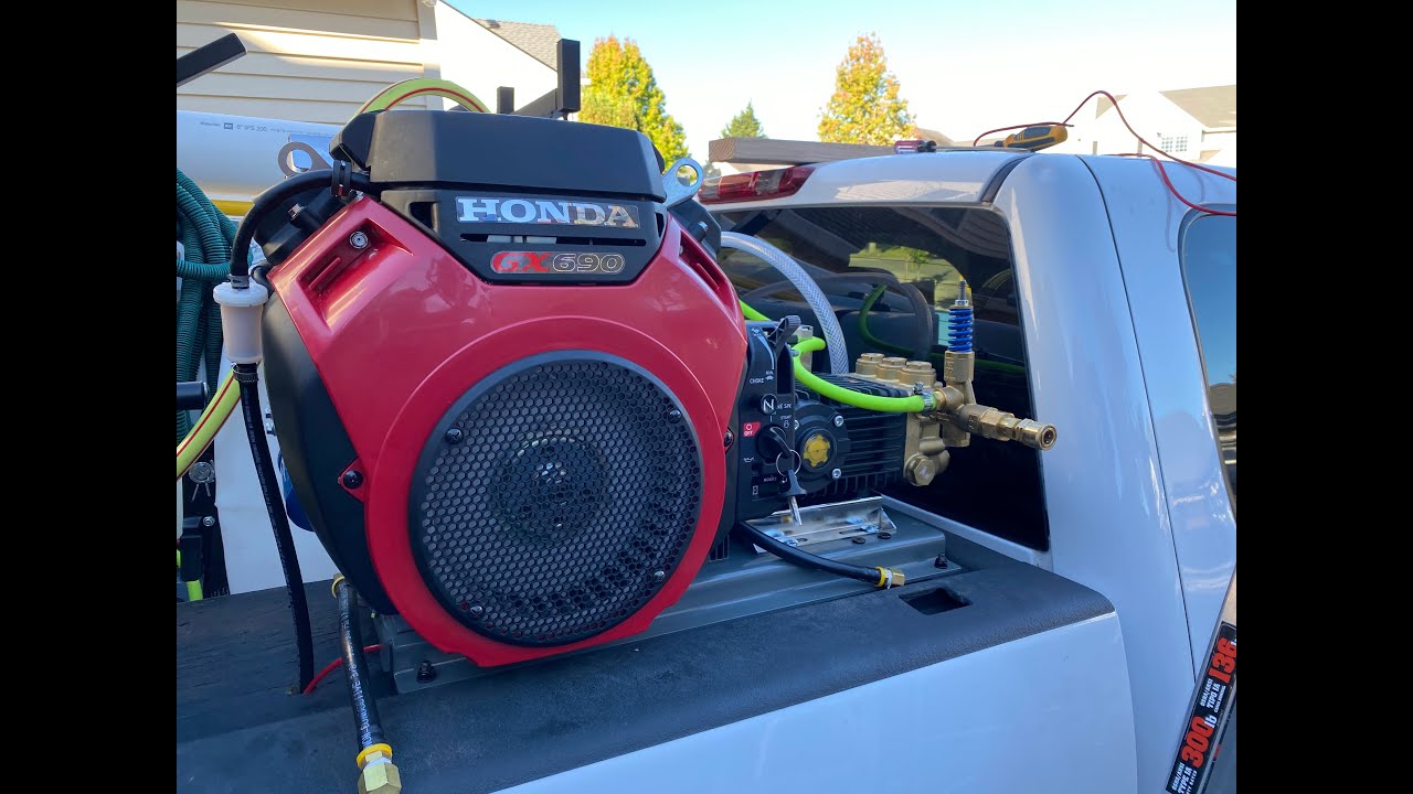 Walk through of Truck mounted Honda GX 690 8gpm pressure washer and softwash rig, homemade skid.