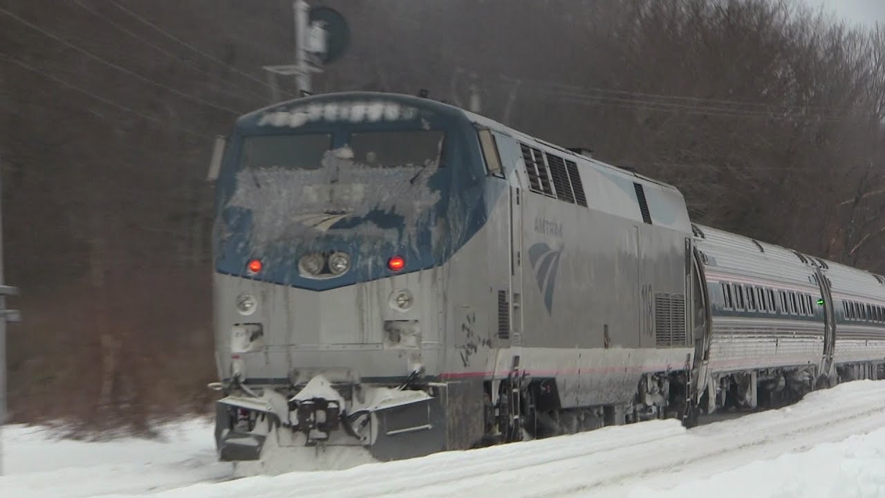 Amtrak P42 #203 Leads Frosty Downeaster Through Cross Road!