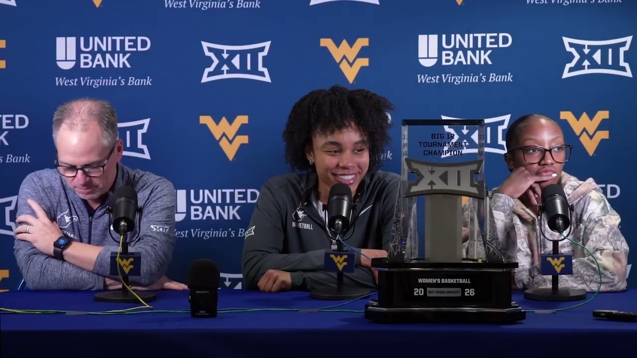 WVU head coach Mark Kellogg and players Sydney Shaw and Jordan Harrison - 3/10/26
