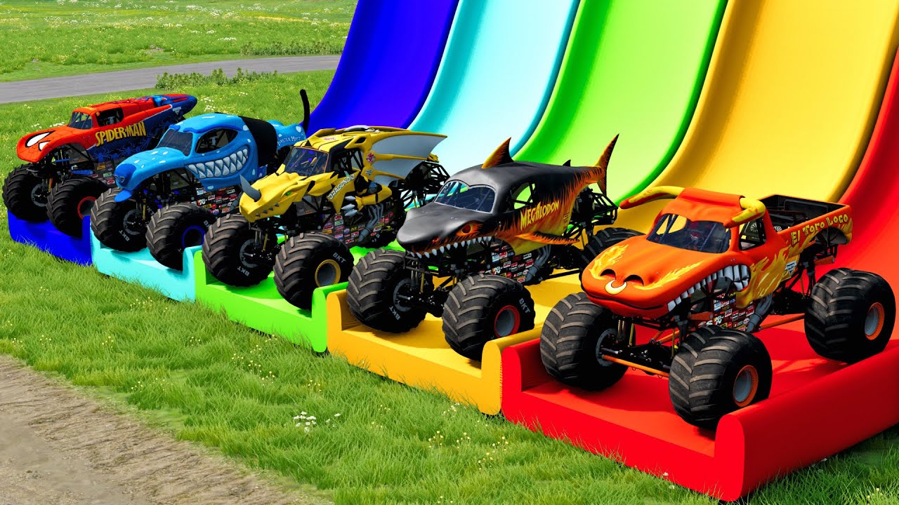 Triple Flatbed Trailer Monster Trucks Transport with Slide Color - Cars vs Speed bump - BeamNG.drive