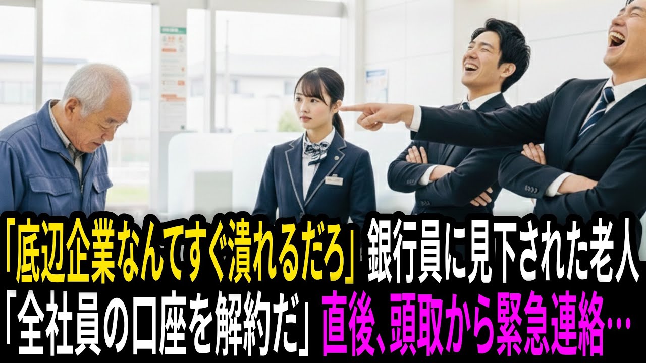 「底辺企業なんてすぐ潰れるだろ」銀行員に見下された清掃員の老人。「全社員1万人分の口座を解約する」直後、頭取から緊急連絡が…｜朗読