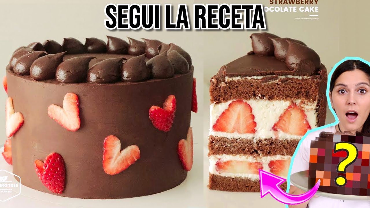 PASTEL de CHOCOLATE del AMOR: PROBAMOS RECETA VIRAL COREANA de @Cooking_tree 딸기 초콜릿 가나슈 케이크 만들기