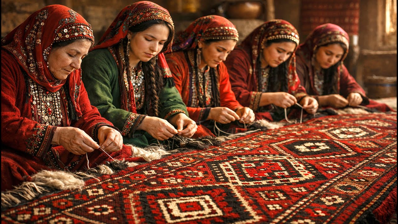 Turkmen Women Weaving a Traditional Carpet | Full Process