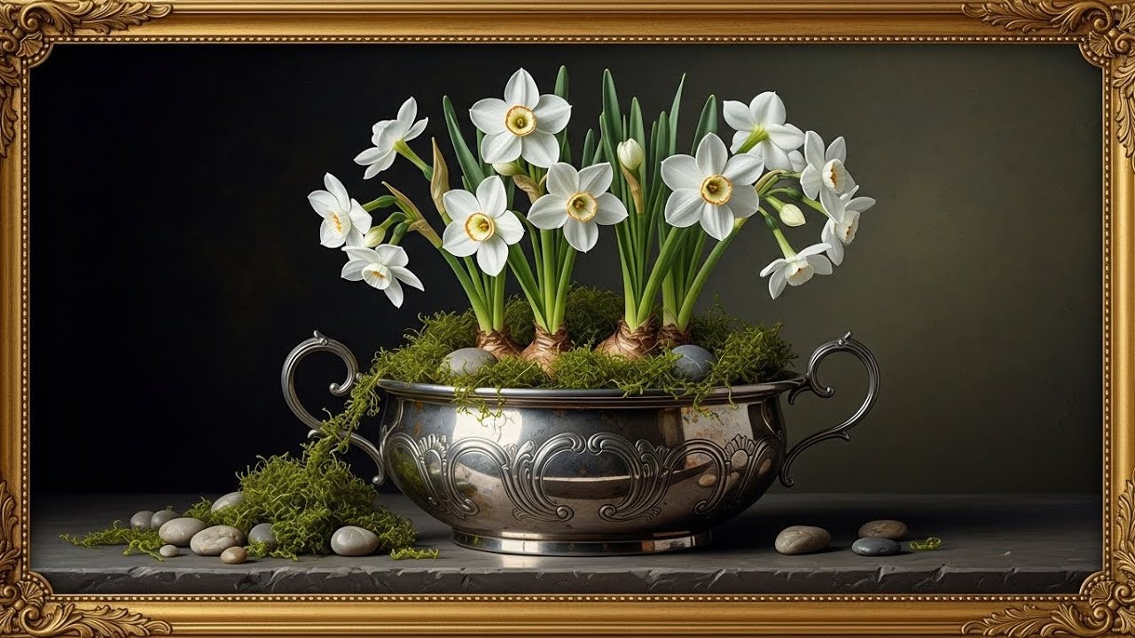 Frame TV Art with Music: 4K Vintage Winter Flowers Art | White Narcissus Botanical | Minimalist