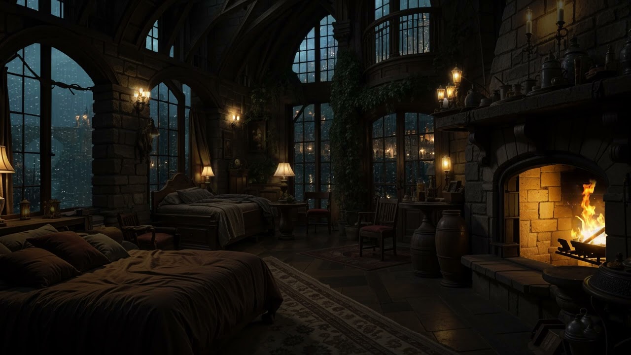 Midnight Rain Inside an Ancient Castle 🏰 Soft Fireplace Glow and Stone Echoes for Deep Calm