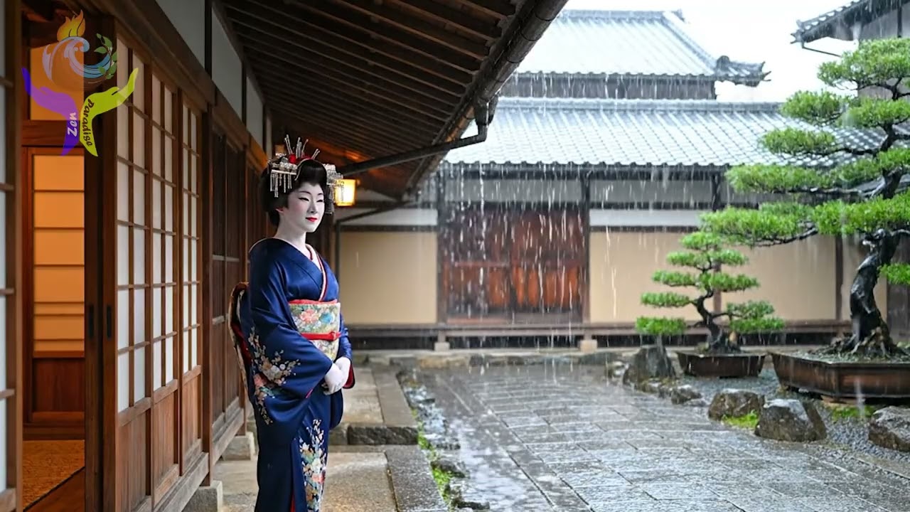 Rain Eaves Stillness • Geisha in Quiet Shelter • Zen Ambient Calm