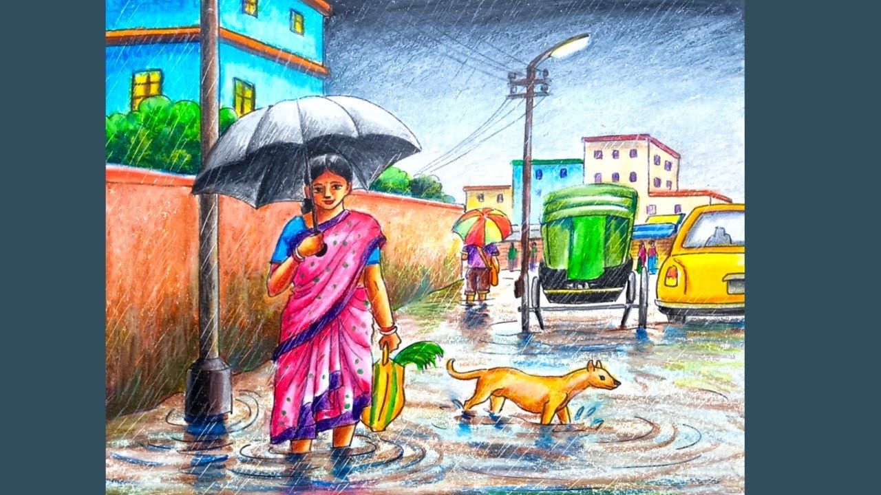 Rainy day scenery drawing step by step/Rainy season drawing 