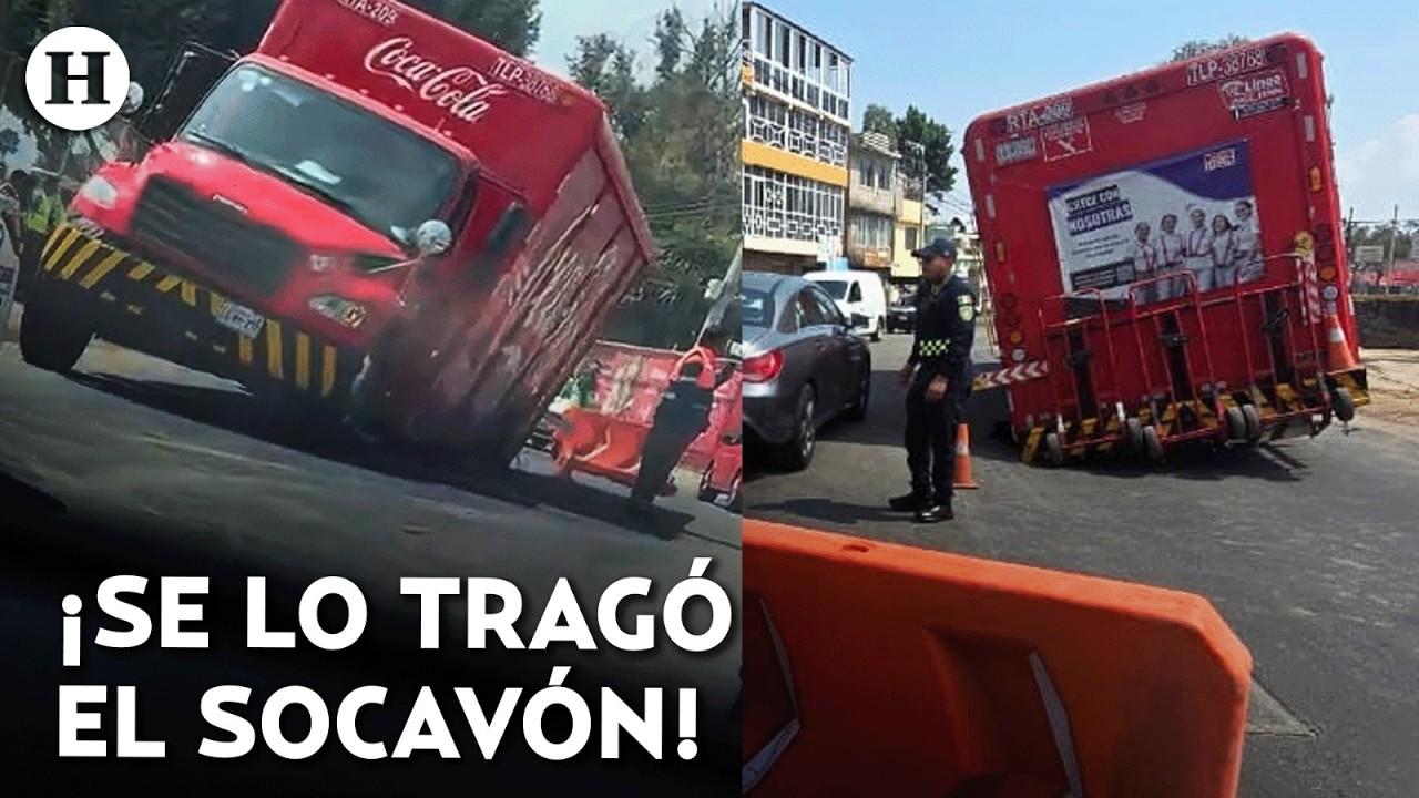 ¡Regresan mega socavones a CDMX! Camión de refrescos cae en hoyo y queda atrapado en Coyoacán