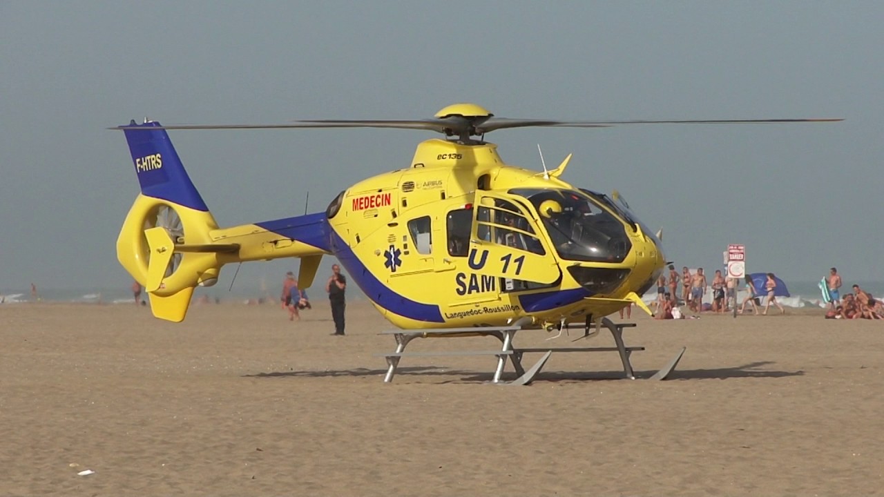 Décollage de l'hélicoptère SAMU 11 sur la plage de St Pierre la Mer