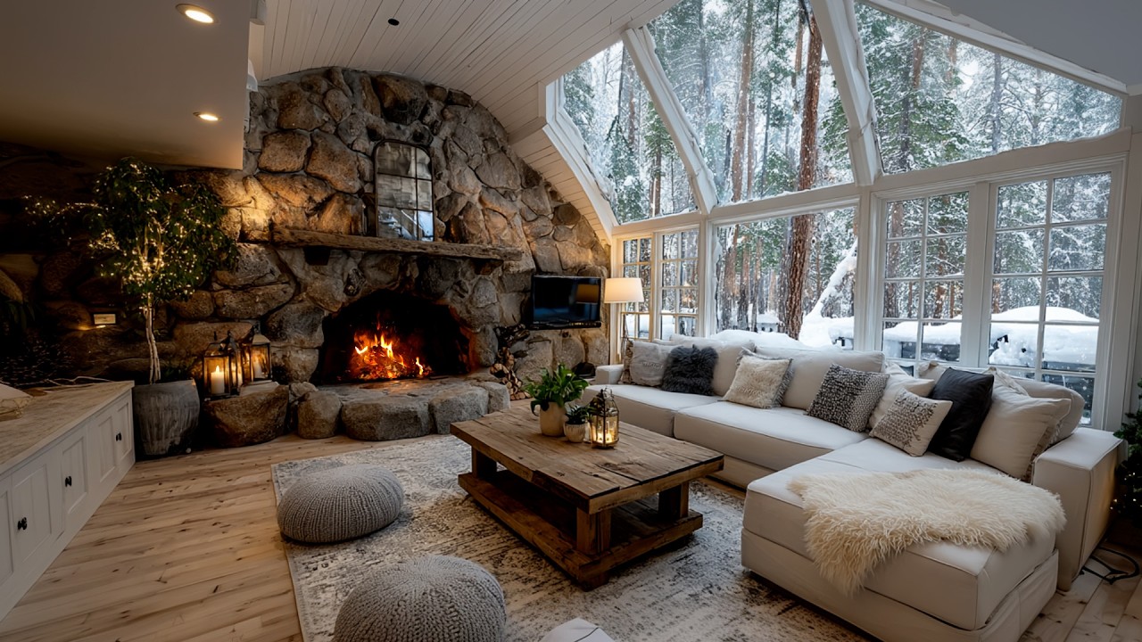 Peaceful Snowy Cabin Ambience with Fireplace Crackling – Warm Winter Room for Holiday Relaxation