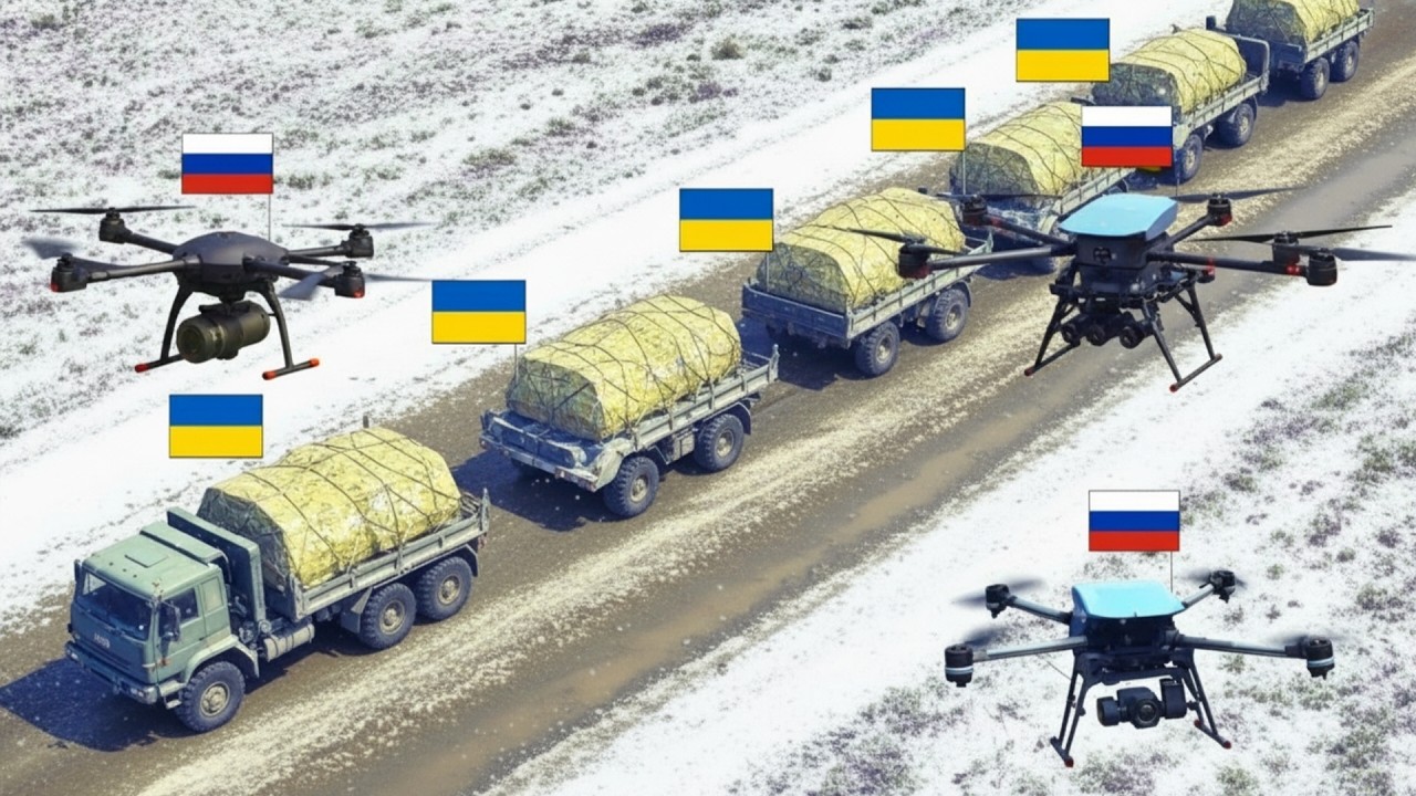 Swarm of Russian Drones Spotted a Large Ukrainian Convoy in an Open Field
