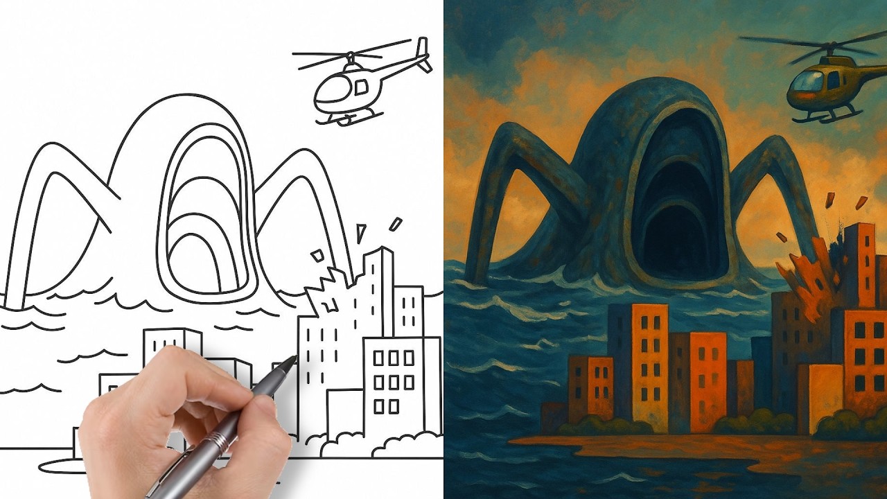 How to Draw Sea Eater Monster attacking a city
