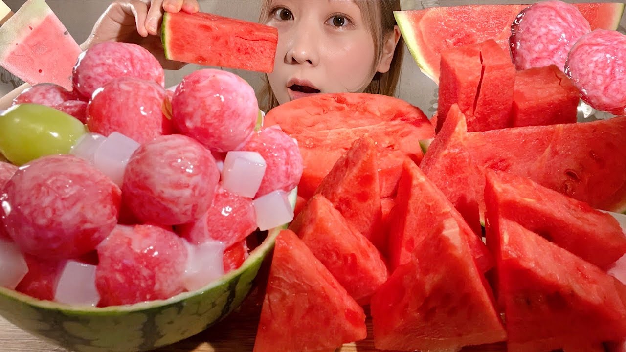 ASMR Арбуз, Арбуз со сгущёнкой【русские субтитры】【Mukbang/ Eating Sounds】