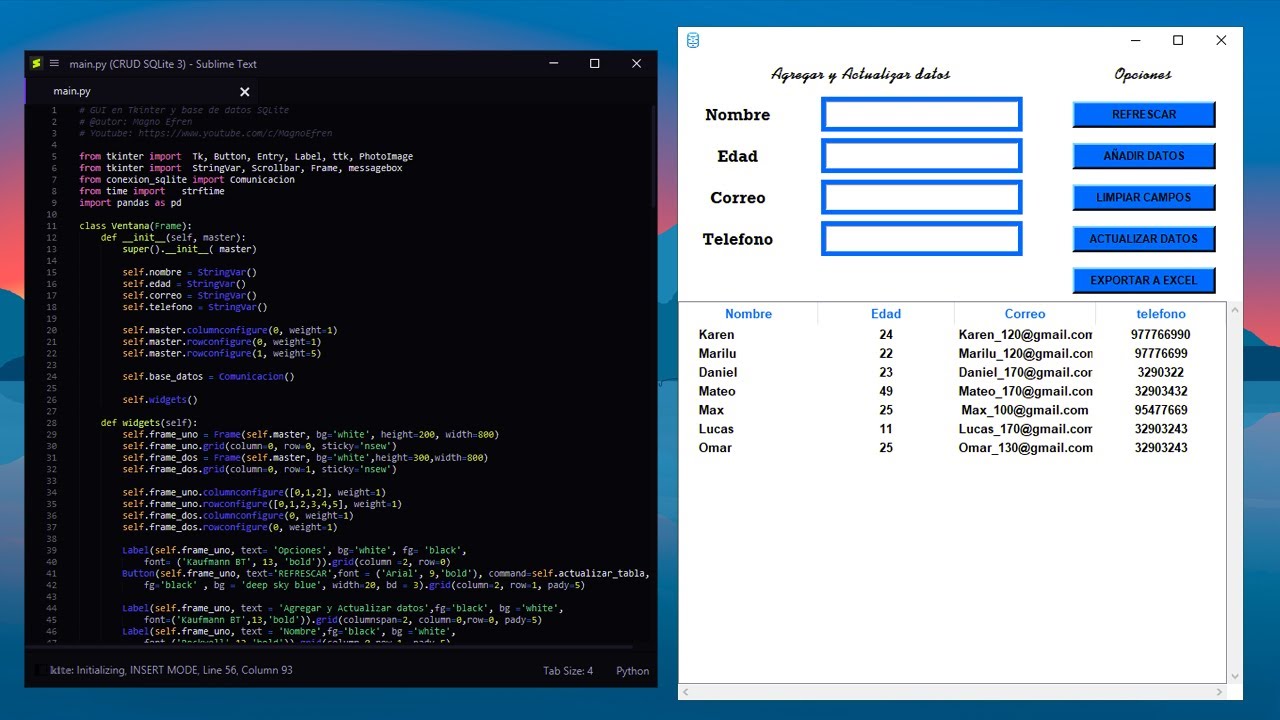 GUI  en Python  usando Tkinter y CRUD con SQLite  | Exportar datos en Excel