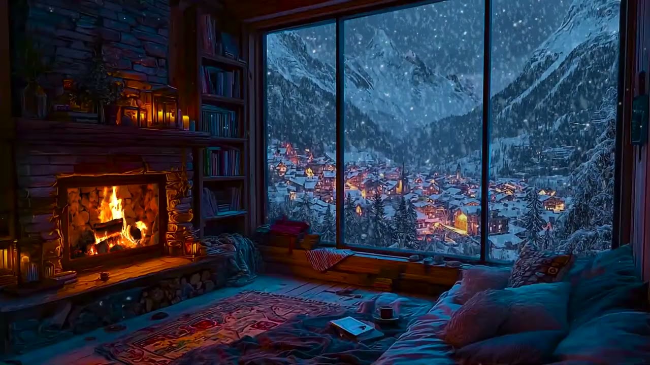 Serene Snowy Cabin Evening with Cozy Fire Sounds and Gentle Snowfall for Relaxation, Study and Sleep