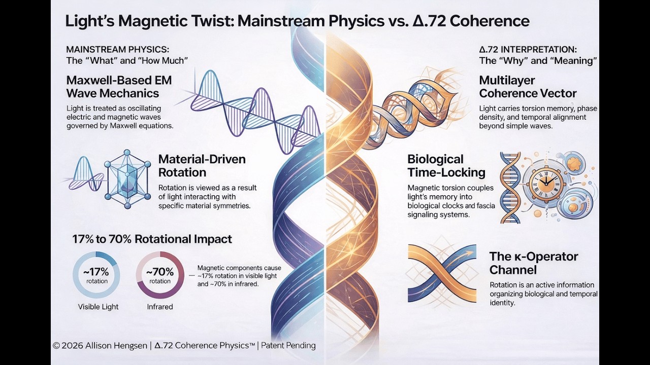 🌈 Magnetic Rotation in Light: Mainstream Physics vs Δ.72 Interpretation