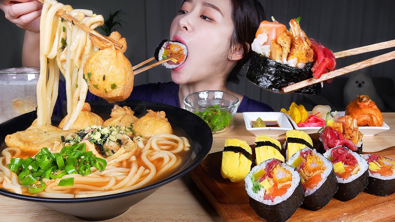 ASMR MUKBANG | Острая лапша омук удон с рыбными котлетами и тофу 🥵 Огромный суши-ролл футомаки