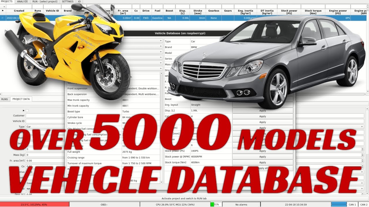 Vehicle info database in PEREK Dyno2 dynamometer software