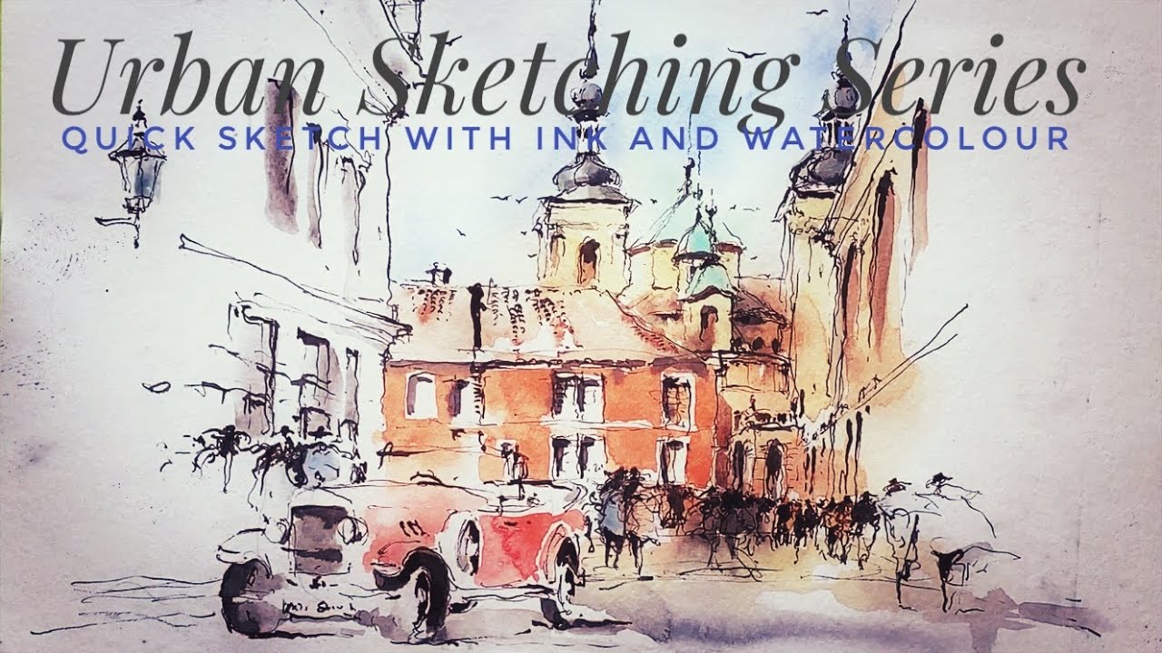 Urban Sketching Series - Quick drawing with ink and watercolour (Street scene of Prague)