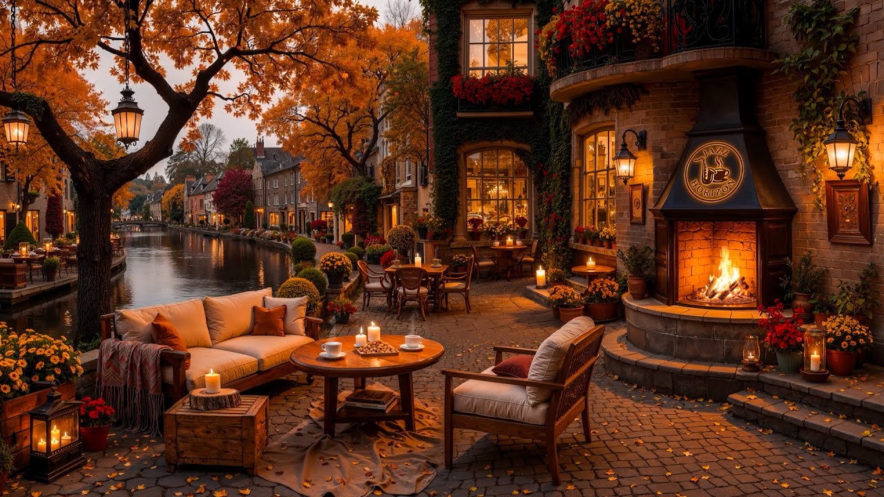 Peaceful Autumn Afternoon at Outdoor Cafe Ambience 🍂 Warm Jazz Music & Crackling Fireplace for Relax