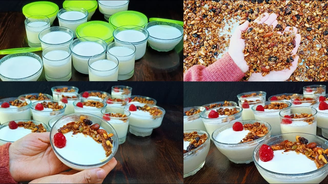 طريقة ياغورت منزلي ناجح من اولى مرة مع وصفة گرانولا المقرمشة لصحور رمضان 😋