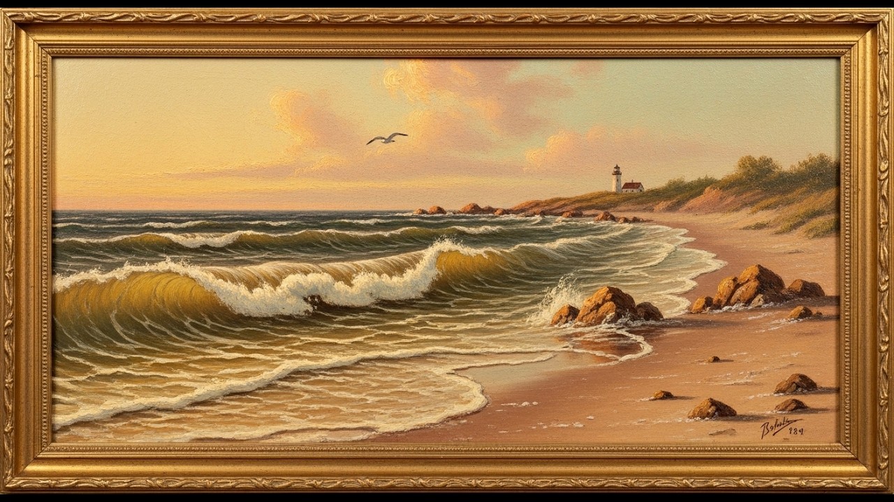 Frame TV Art with Music: Antique Style Ocean Breakers & Lighthouse | Classic Coastal Landscape