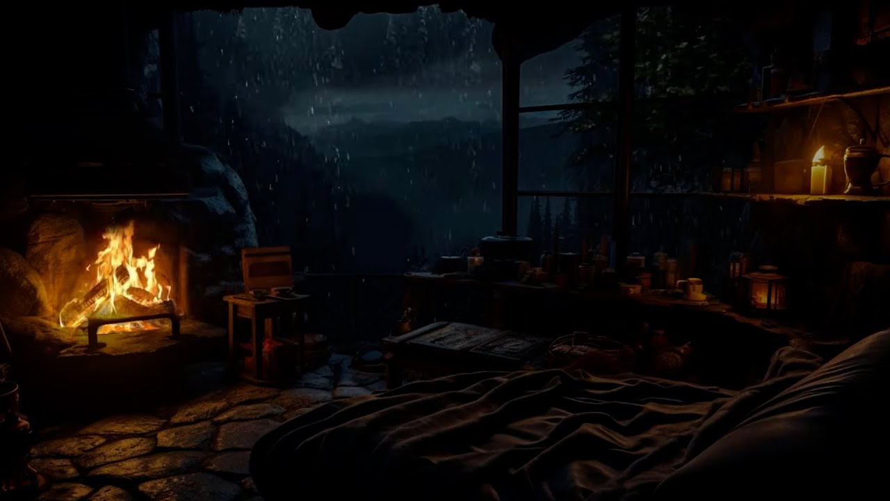 Deep Sleep Cave Retreat ⛈️ Heavy Rain & Crackling Fireplace Sounds for Instant Relaxation ✨