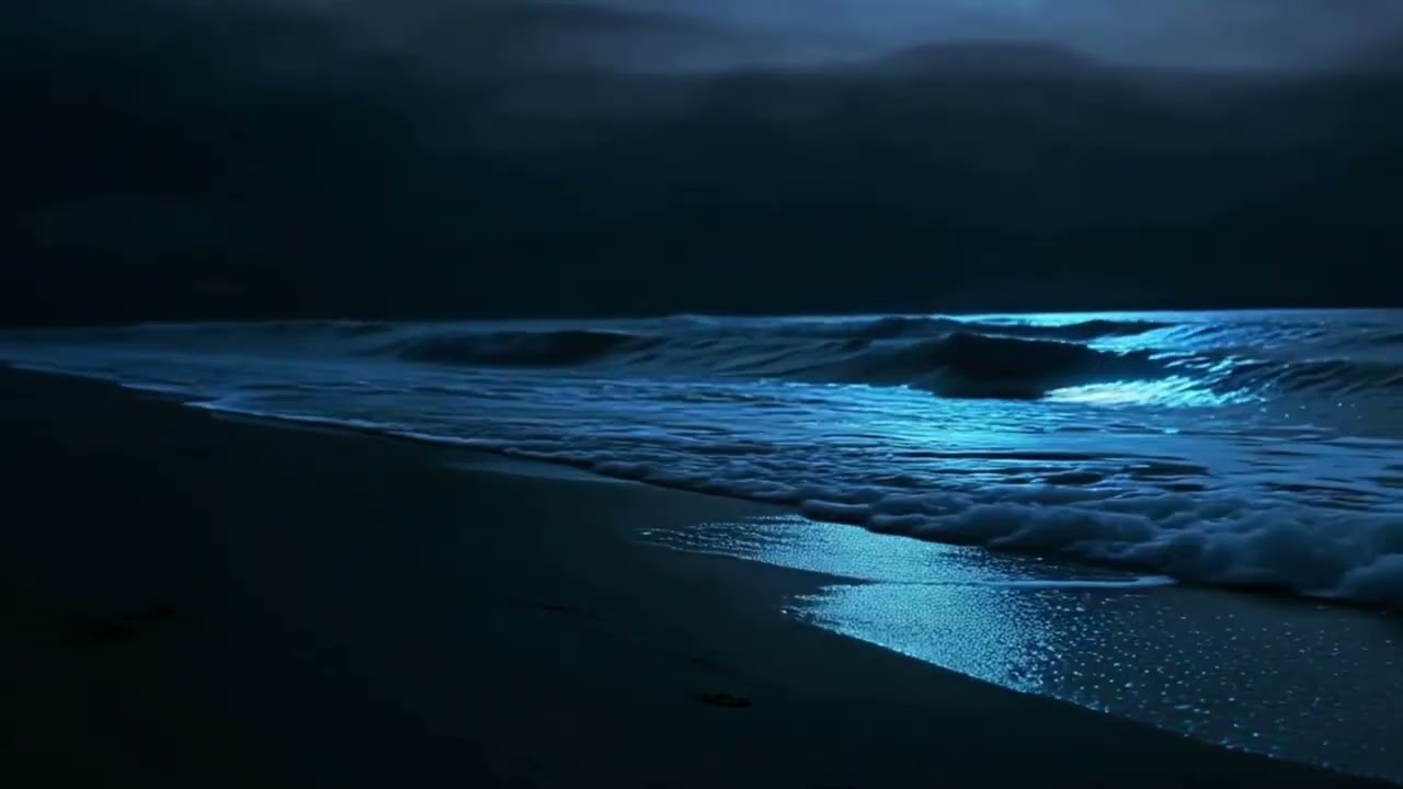 Deep Sleep Bioluminescent Ocean Waves: Glowing Beach Ambience for Relaxation, No Music