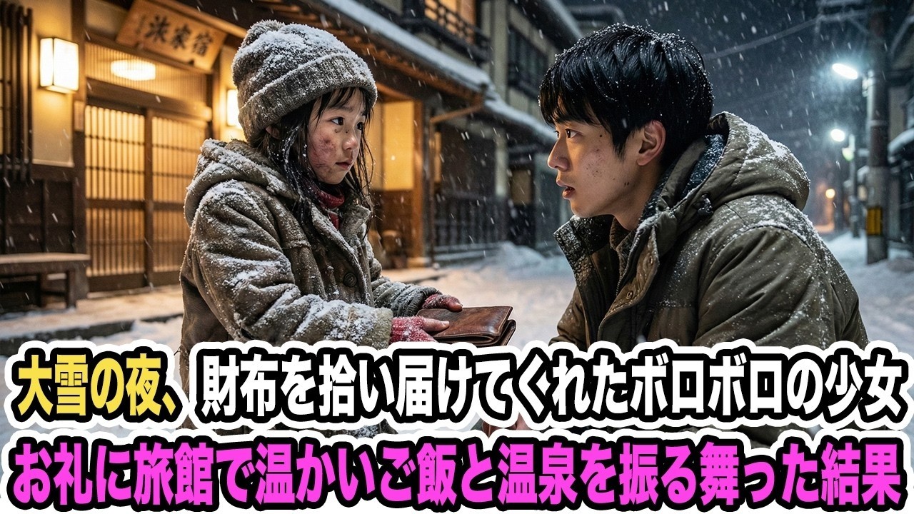 大雪の夜、財布を拾い届けてくれたボロボロの少女。お礼に旅館で温かいご飯と温泉を振る舞った結果【感動する話】