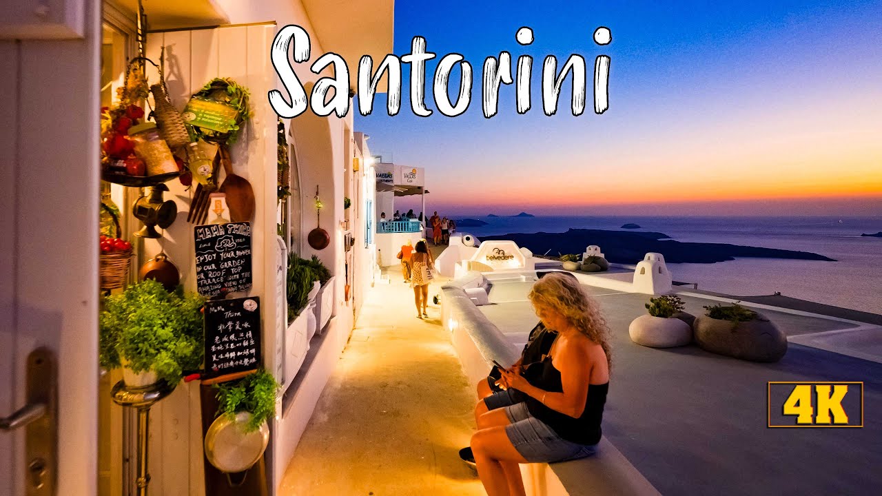 Santorini Fira & Imerovigli, SUNSET, NIGHTLIFE walking tour 4K, Greece travel guide 