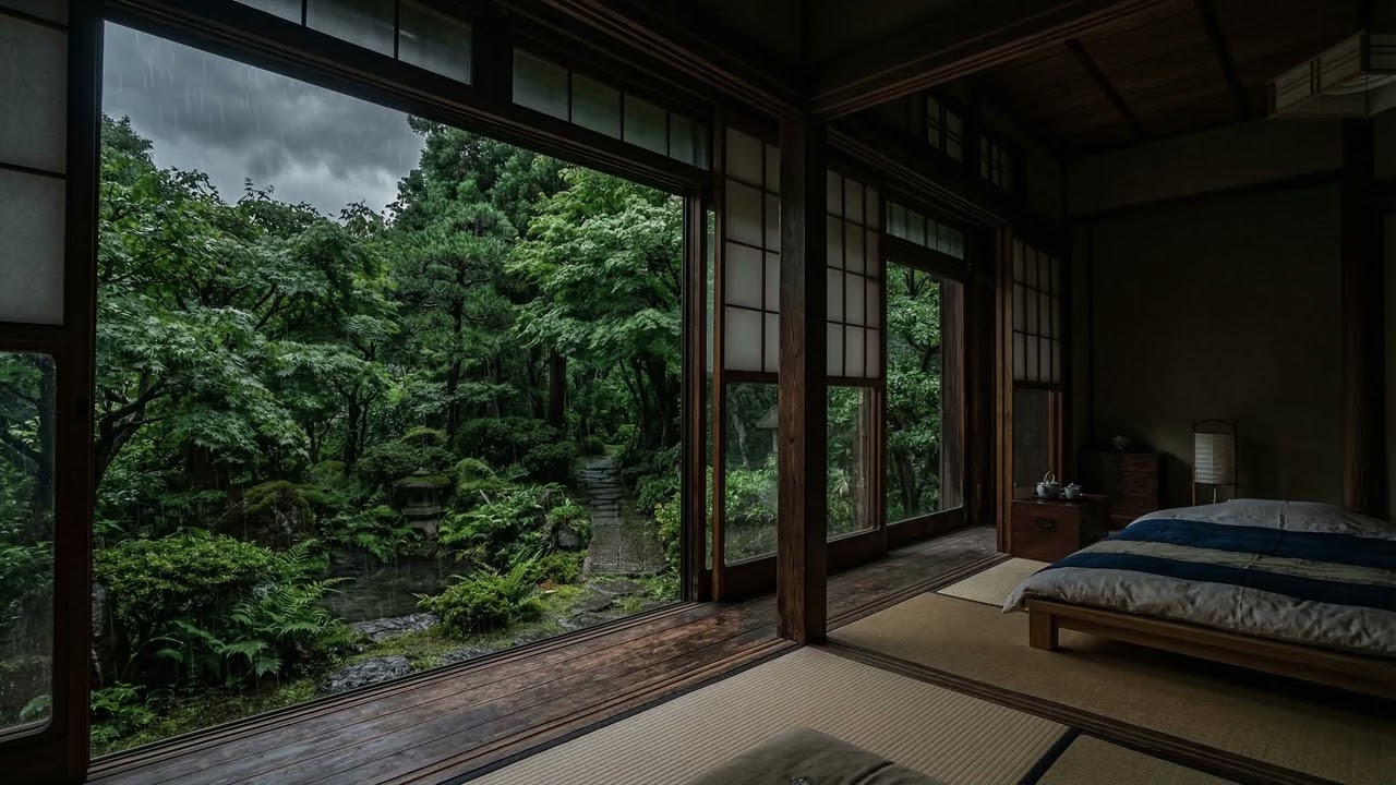 Gentle Rain 🌧️ Drifting Past Shoji Screens In A Quiet Japanese Tatami Room Beside Forest 🎋