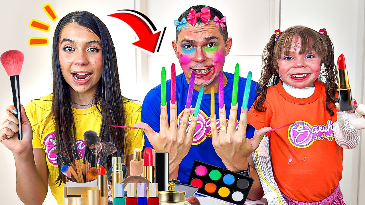 Sarah e Eloah brincam com o papai com MAQUIAGENS DE BRINQUEDOS para crian&ccedil;as