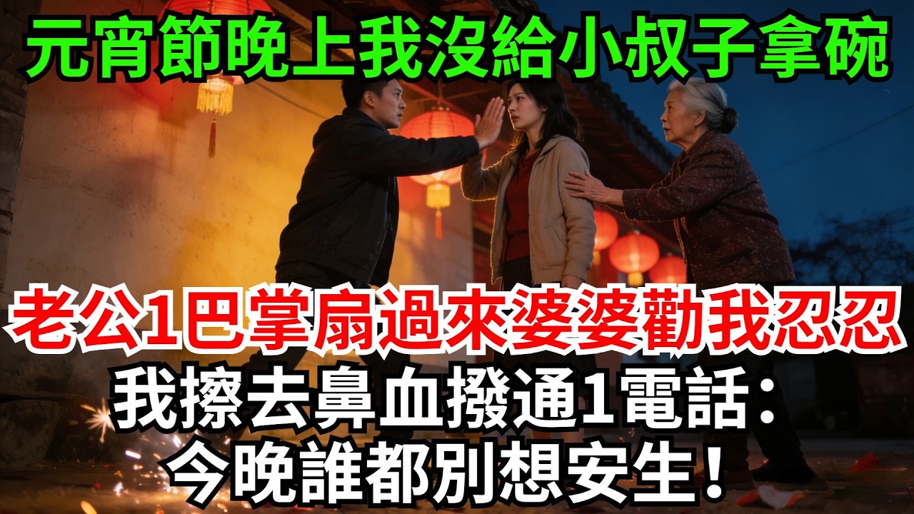 元宵節晚上我沒給小叔子拿碗，老公一巴掌扇過來，婆婆勸我忍忍，我擦去鼻血當著全家人的面撥通1電話：今晚誰都別想安生！#完結故事#情感故事#爽文#婆媳關系#家庭生活#故事頻道#故事分享#情感#正能量#流量