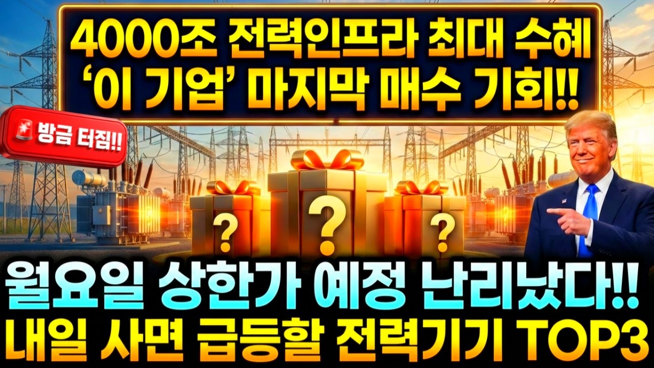 [주식] 내일 사면 급등할 전력기기 TOP3 월요일 상한가 예정! 4000조 전력인프라 최대수혜 '이 기업' 마지막 매수 기회! 대한전선 보다 더올라요 디에스경제뉴스 또바기 급등주