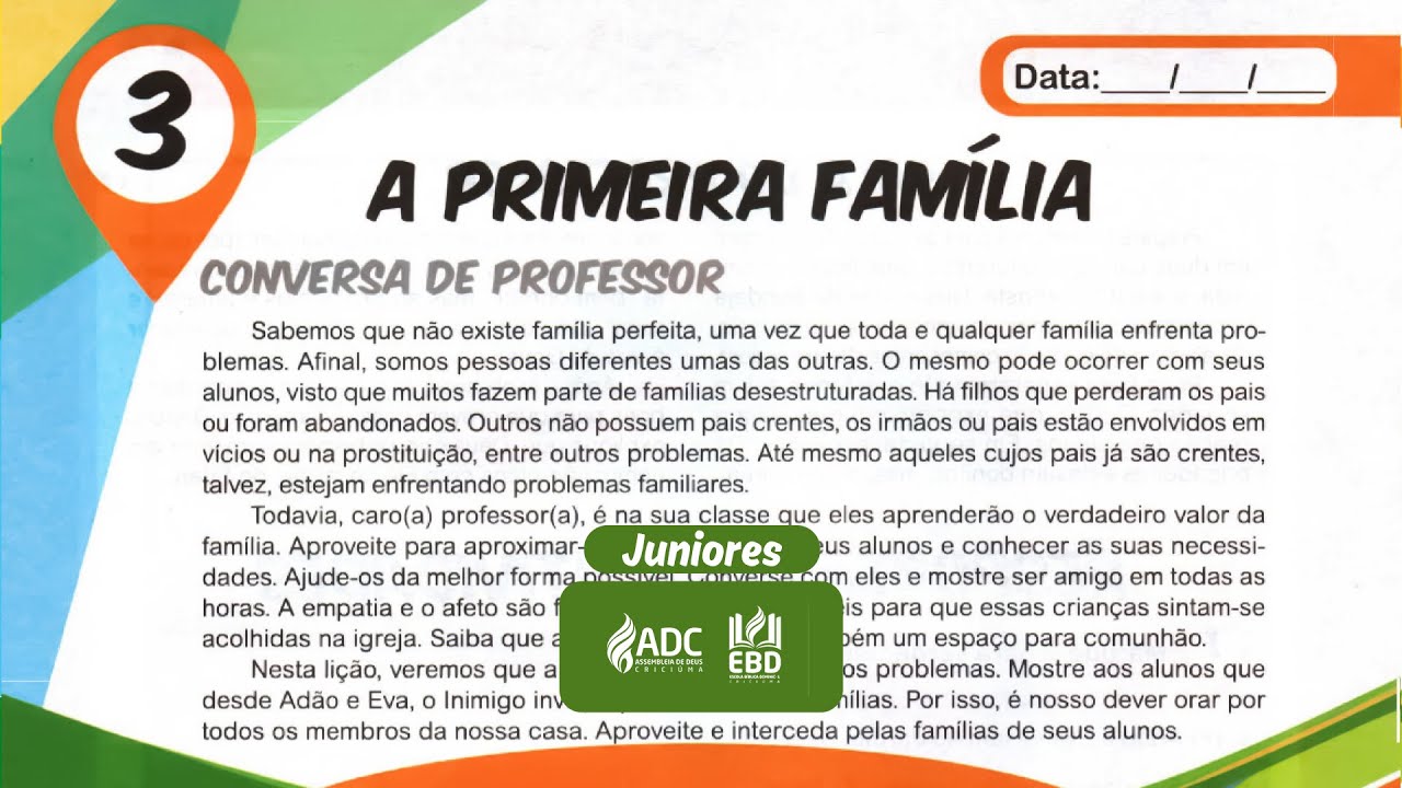 EBD Lição 03 | JUNIORES | A Primeira Família.