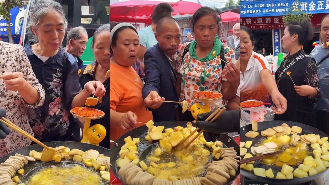 Cooking deep fried potato and dried tofu, eating  for free, Cooking food live.  #food #cooking