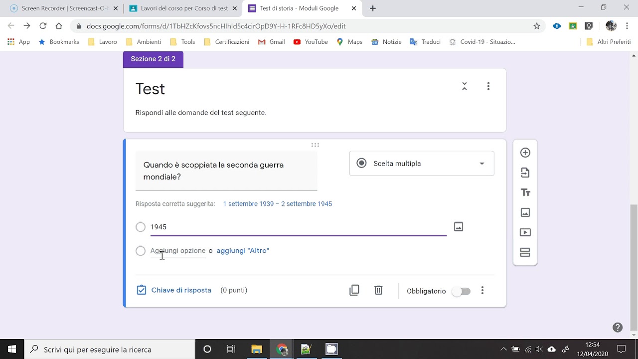 Google Moduli - Classroom: Creazione e configurazione di compito con questionario
